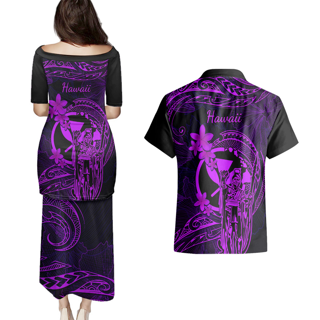 Hawaii Couples Matching Puletasi Dress and Hawaiian Shirt King Kamehameha Mix Polynesian Plumeria Purple Version LT14 - Polynesian Pride