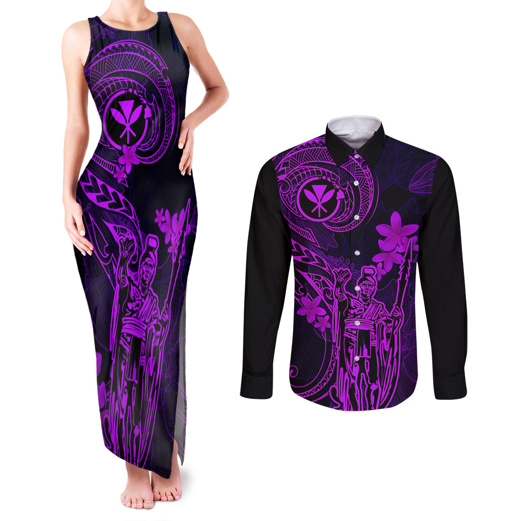 Hawaii Couples Matching Tank Maxi Dress and Long Sleeve Button Shirts King Kamehameha Mix Polynesian Plumeria Purple Version LT14 Purple - Polynesian Pride