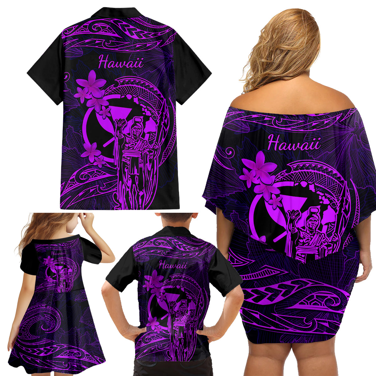 Hawaii Family Matching Off Shoulder Short Dress and Hawaiian Shirt King Kamehameha Mix Polynesian Plumeria Purple Version LT14 - Polynesian Pride