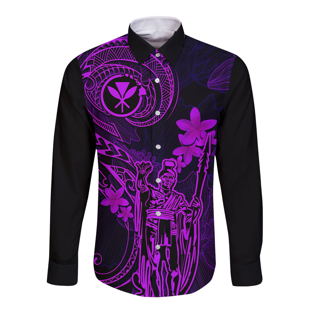 Hawaii Long Sleeve Button Shirt King Kamehameha Mix Polynesian Plumeria Purple Version LT14 Unisex Purple - Polynesian Pride