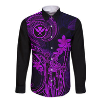 Hawaii Long Sleeve Button Shirt King Kamehameha Mix Polynesian Plumeria Purple Version LT14 Unisex Purple - Polynesian Pride