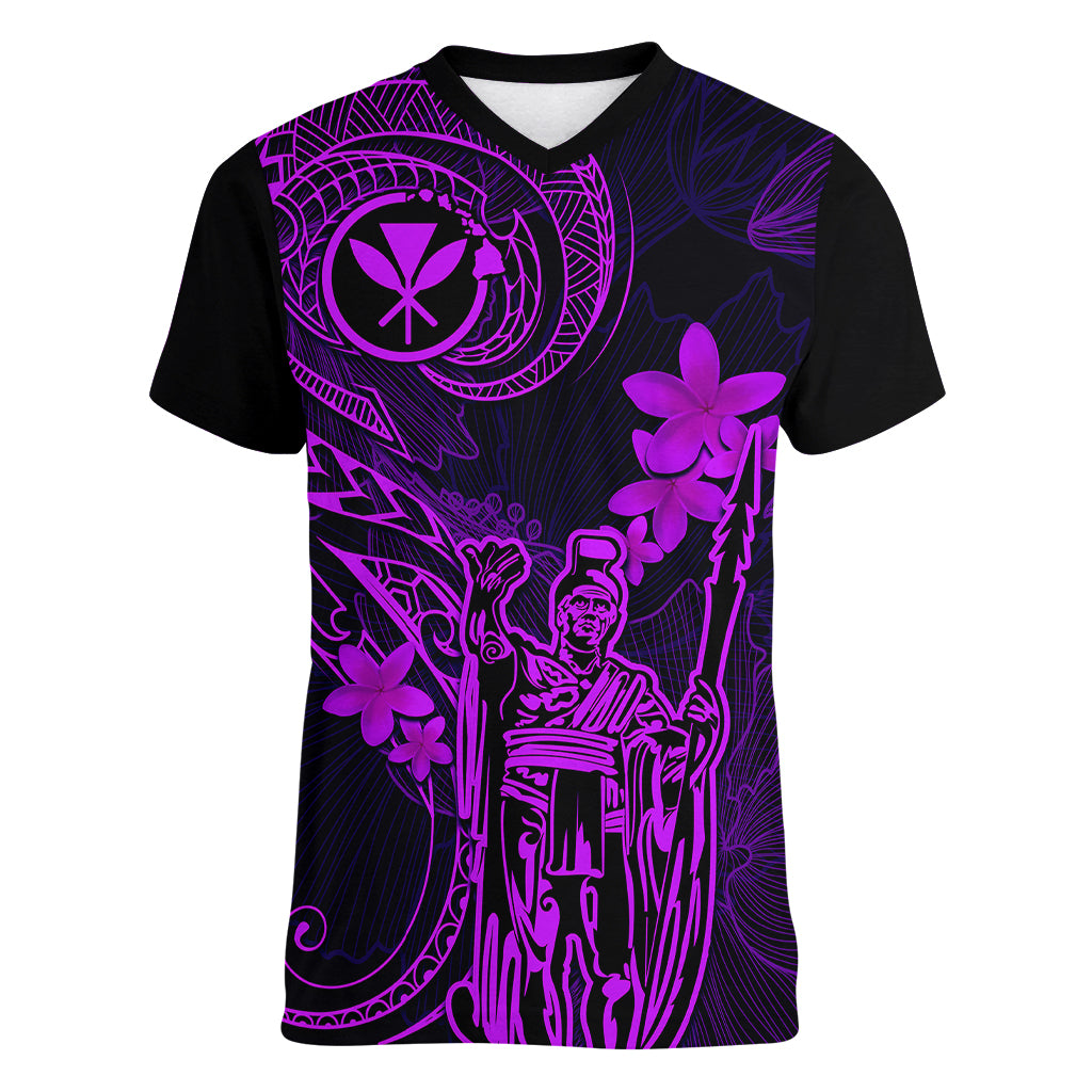 Hawaii Women V Neck T Shirt King Kamehameha Mix Polynesian Plumeria Purple Version LT14 Female Purple - Polynesian Pride