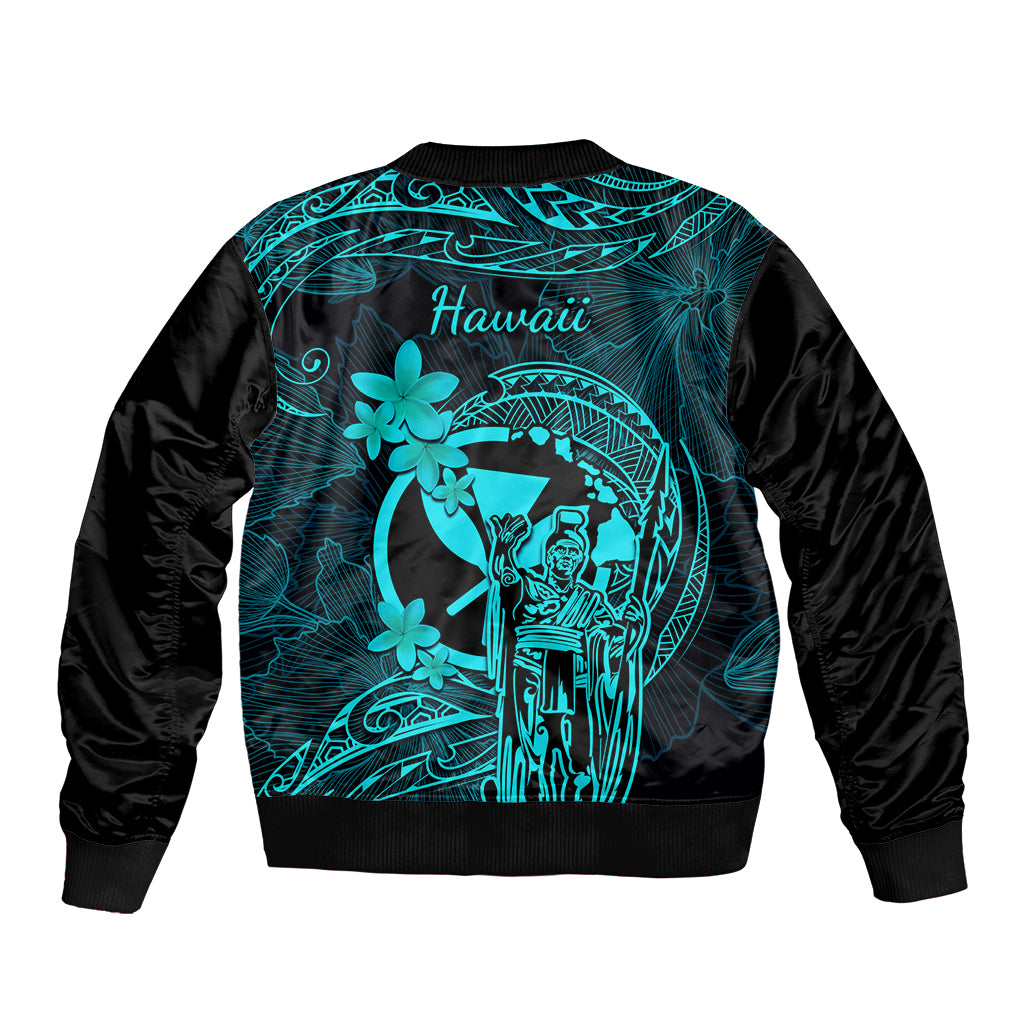 Hawaii Bomber Jacket King Kamehameha Mix Polynesian Plumeria Turquoise Version LT14 - Polynesian Pride