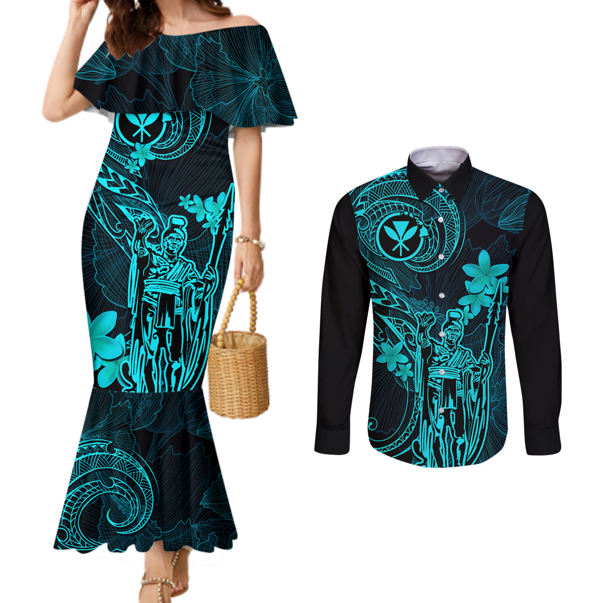 Hawaii Couples Matching Mermaid Dress and Long Sleeve Button Shirts King Kamehameha Mix Polynesian Plumeria Turquoise Version LT14 Turquoise - Polynesian Pride