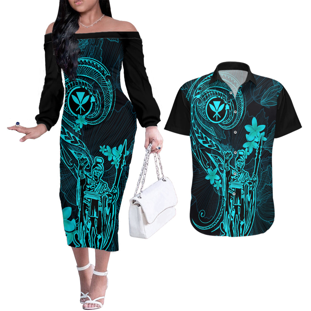 Hawaii Couples Matching Off The Shoulder Long Sleeve Dress and Hawaiian Shirt King Kamehameha Mix Polynesian Plumeria Turquoise Version LT14 Turquoise - Polynesian Pride