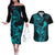 Hawaii Couples Matching Off The Shoulder Long Sleeve Dress and Hawaiian Shirt King Kamehameha Mix Polynesian Plumeria Turquoise Version LT14 Turquoise - Polynesian Pride