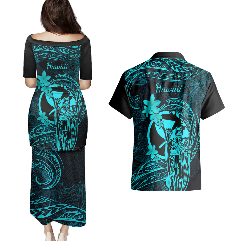 Hawaii Couples Matching Puletasi Dress and Hawaiian Shirt King Kamehameha Mix Polynesian Plumeria Turquoise Version LT14 - Polynesian Pride