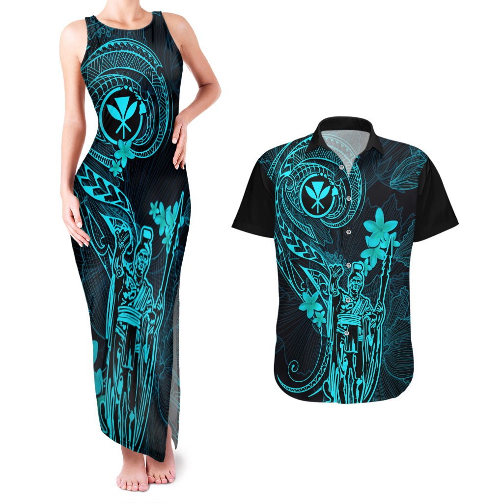 Hawaii Couples Matching Tank Maxi Dress and Hawaiian Shirt King Kamehameha Mix Polynesian Plumeria Turquoise Version LT14 Turquoise - Polynesian Pride