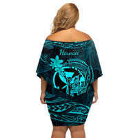 Hawaii Family Matching Off Shoulder Short Dress and Hawaiian Shirt King Kamehameha Mix Polynesian Plumeria Turquoise Version LT14 - Polynesian Pride