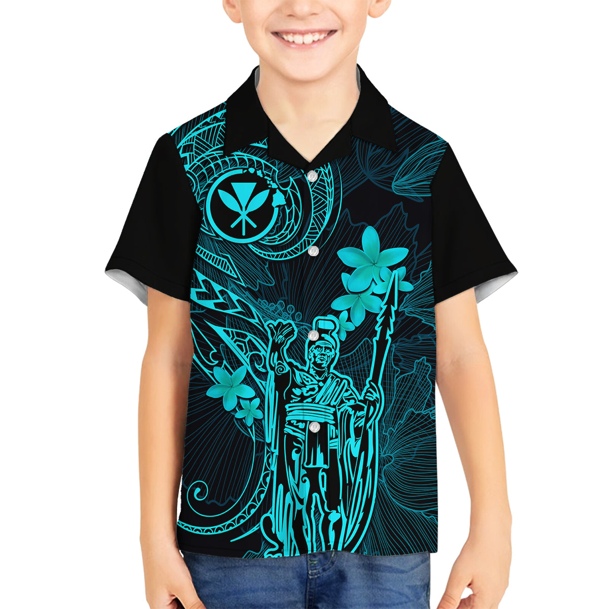 Hawaii Family Matching Summer Maxi Dress and Hawaiian Shirt King Kamehameha Mix Polynesian Plumeria Turquoise Version LT14 Dad's Shirt - Long Sleeve Turquoise - Polynesian Pride