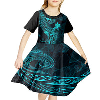 Hawaii Kid Short Sleeve Dress King Kamehameha Mix Polynesian Plumeria Turquoise Version LT14 - Polynesian Pride