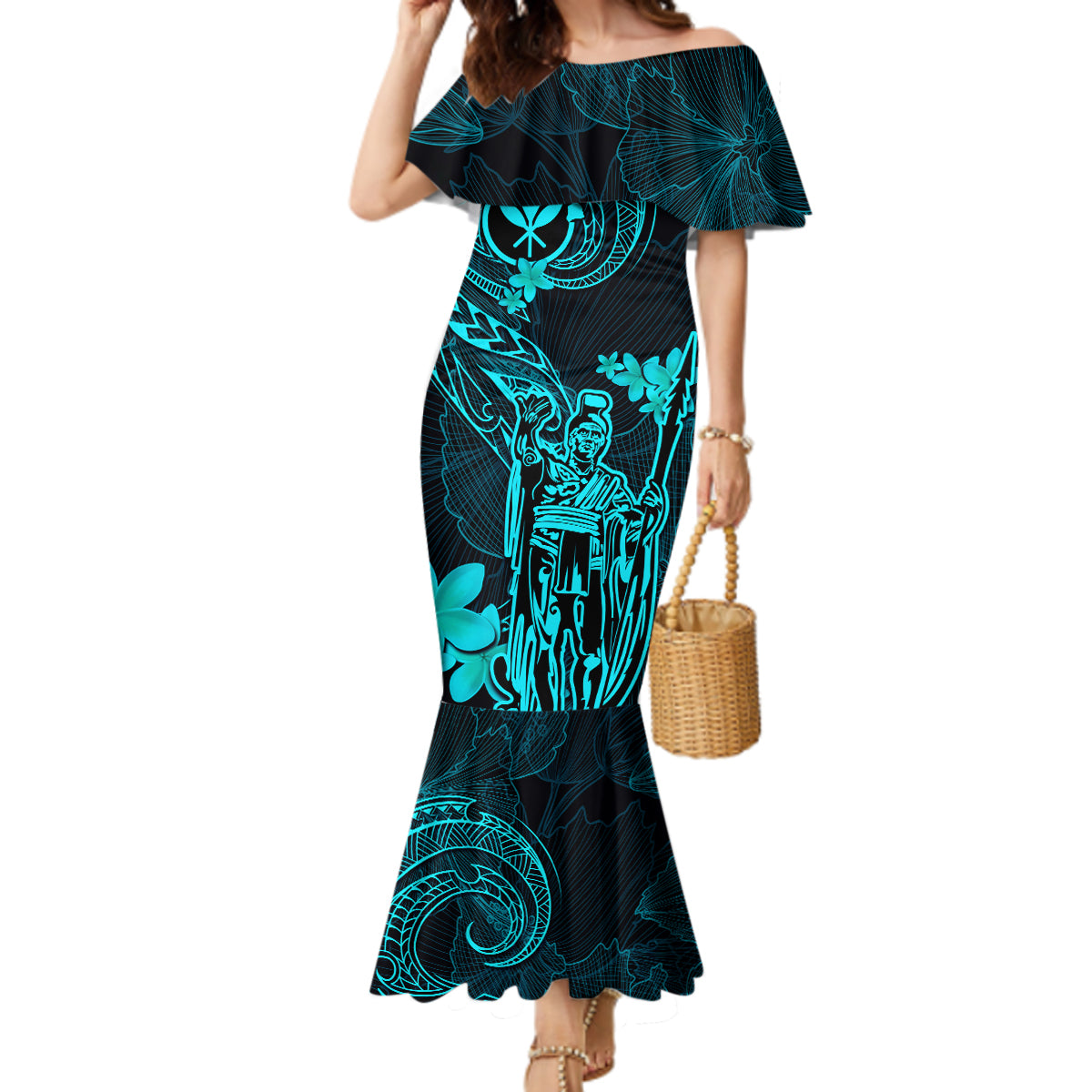 Hawaii Mermaid Dress King Kamehameha Mix Polynesian Plumeria Turquoise Version LT14 Women Turquoise - Polynesian Pride