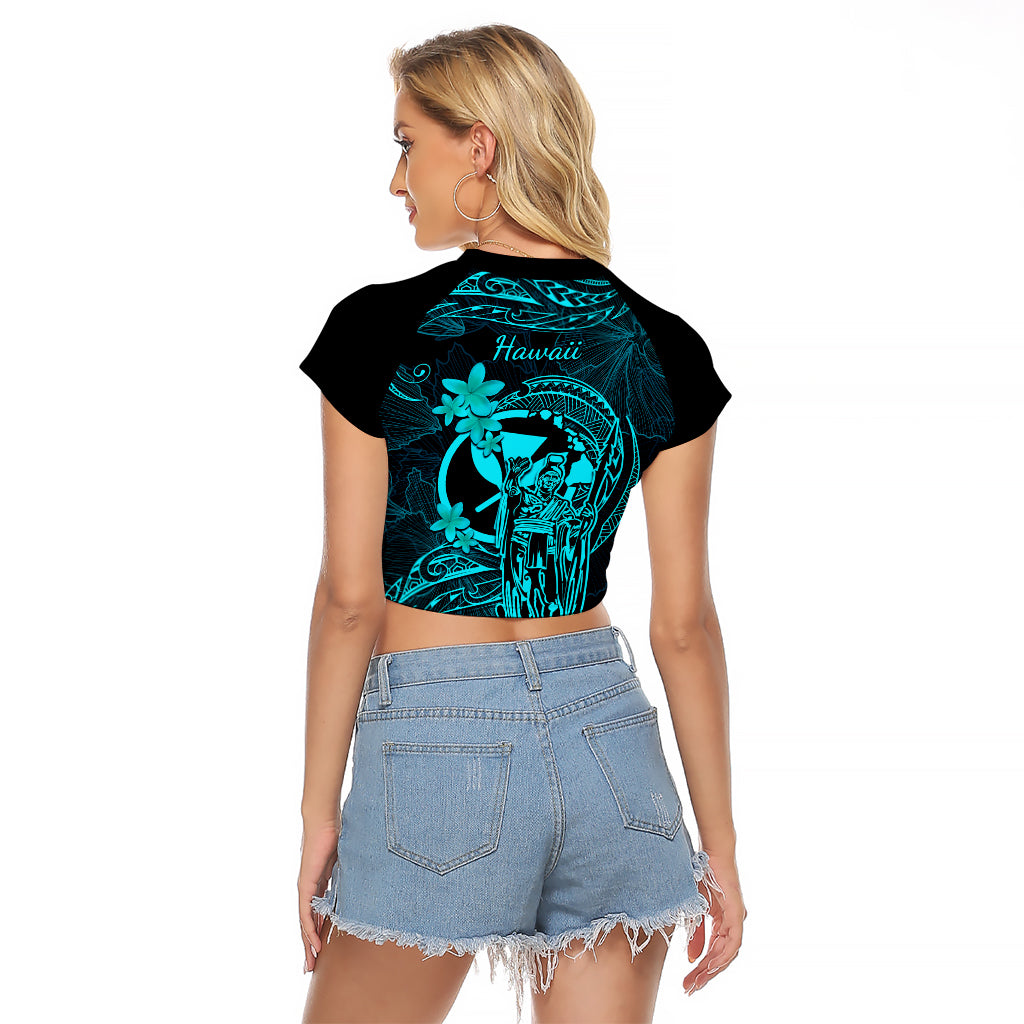 Hawaii Raglan Cropped T Shirt King Kamehameha Mix Polynesian Plumeria Turquoise Version LT14 - Polynesian Pride