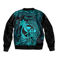 Hawaii Sleeve Zip Bomber Jacket King Kamehameha Mix Polynesian Plumeria Turquoise Version LT14 - Polynesian Pride
