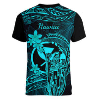 Hawaii Women V Neck T Shirt King Kamehameha Mix Polynesian Plumeria Turquoise Version LT14 - Polynesian Pride