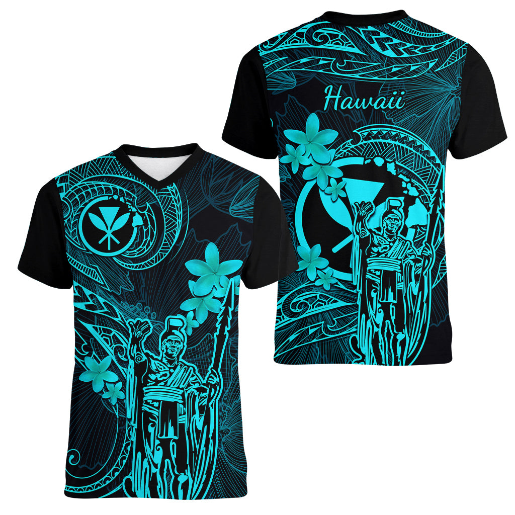 Hawaii Women V Neck T Shirt King Kamehameha Mix Polynesian Plumeria Turquoise Version LT14 - Polynesian Pride