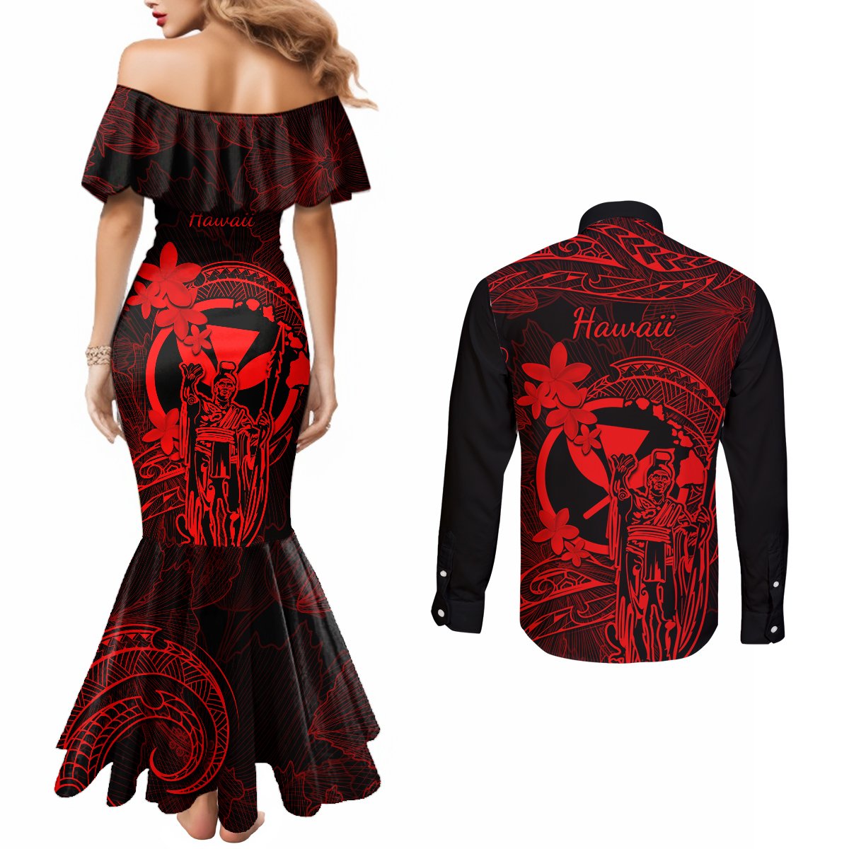 Hawaii Couples Matching Mermaid Dress and Long Sleeve Button Shirts King Kamehameha Mix Polynesian Plumeria Red Version LT14 - Polynesian Pride