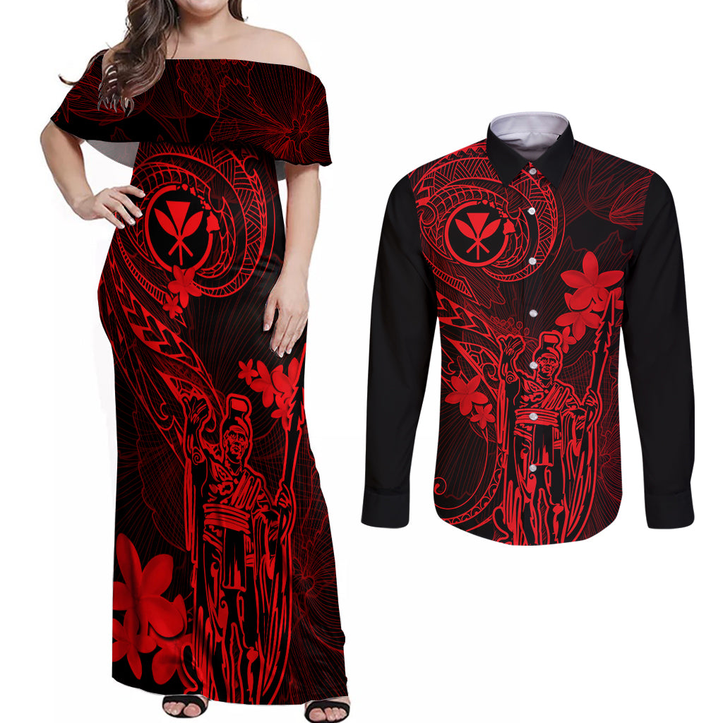 Hawaii Couples Matching Off Shoulder Maxi Dress and Long Sleeve Button Shirts King Kamehameha Mix Polynesian Plumeria Red Version LT14 Red - Polynesian Pride