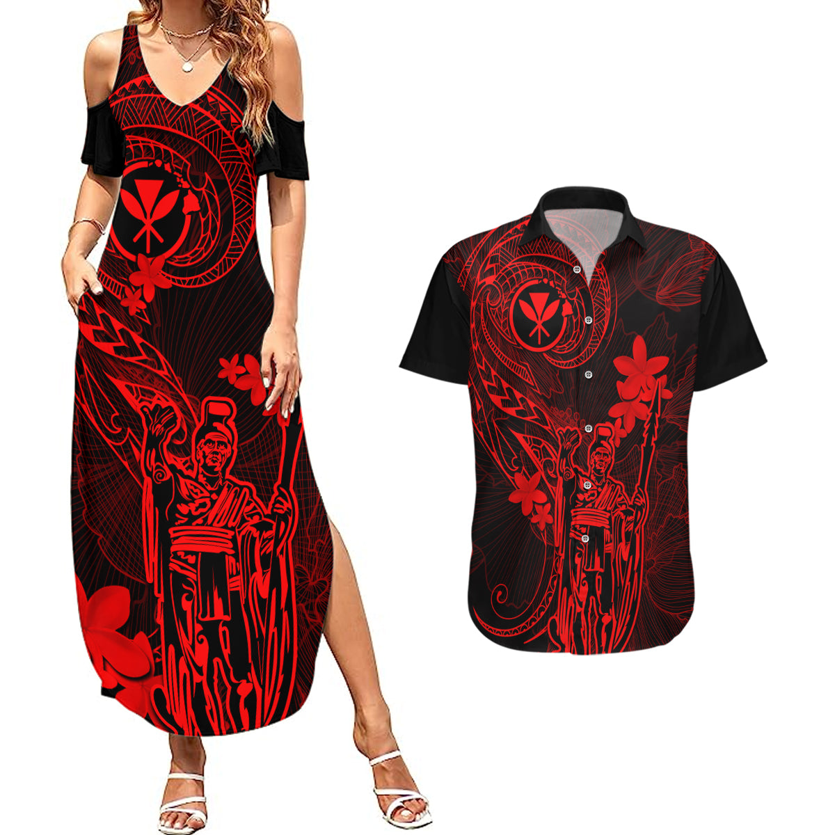 Hawaii Couples Matching Summer Maxi Dress and Hawaiian Shirt King Kamehameha Mix Polynesian Plumeria Red Version LT14 Red - Polynesian Pride