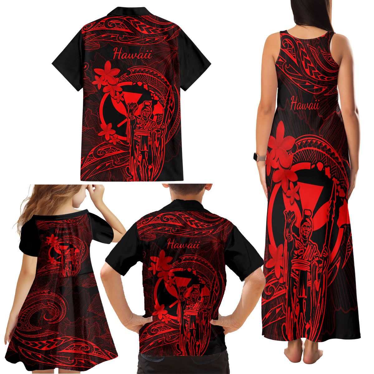 Hawaii Family Matching Tank Maxi Dress and Hawaiian Shirt King Kamehameha Mix Polynesian Plumeria Red Version LT14 - Polynesian Pride