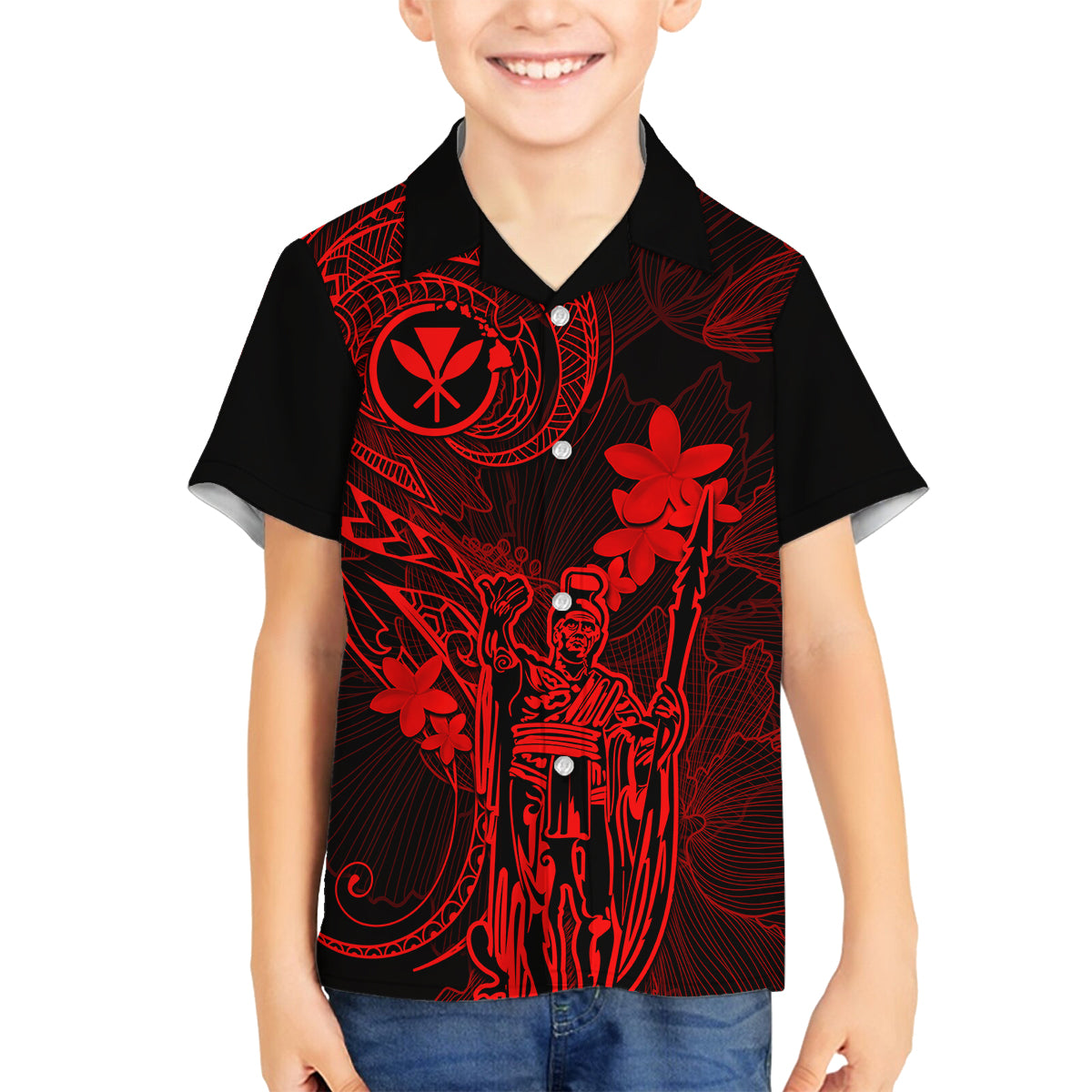 Hawaii Kid Hawaiian Shirt King Kamehameha Mix Polynesian Plumeria Red Version LT14 - Polynesian Pride