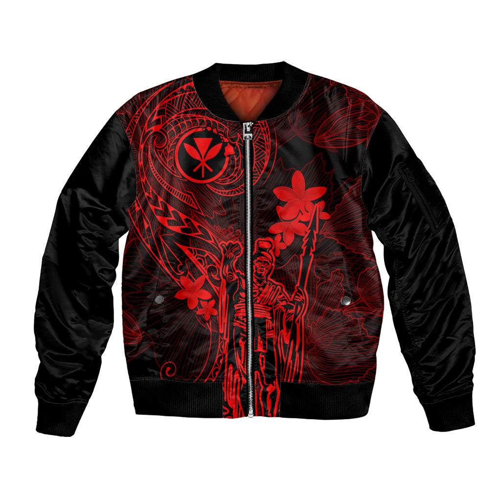 Hawaii Sleeve Zip Bomber Jacket King Kamehameha Mix Polynesian Plumeria Red Version LT14 Unisex Red - Polynesian Pride