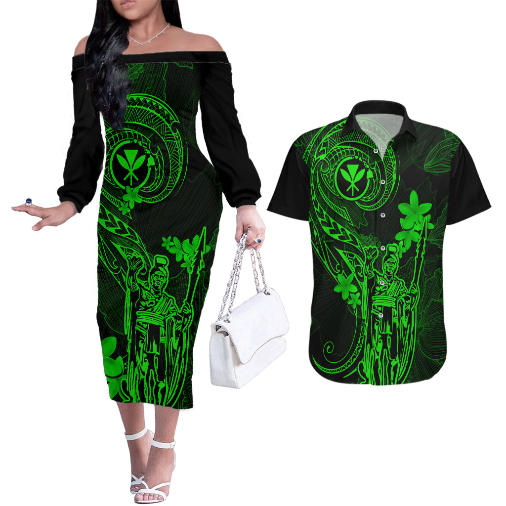 Hawaii Couples Matching Off The Shoulder Long Sleeve Dress and Hawaiian Shirt King Kamehameha Mix Polynesian Plumeria Green Version LT14 Green - Polynesian Pride