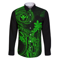 Hawaii Family Matching Off Shoulder Short Dress and Hawaiian Shirt King Kamehameha Mix Polynesian Plumeria Green Version LT14 Dad's Shirt - Long Sleeve Green - Polynesian Pride