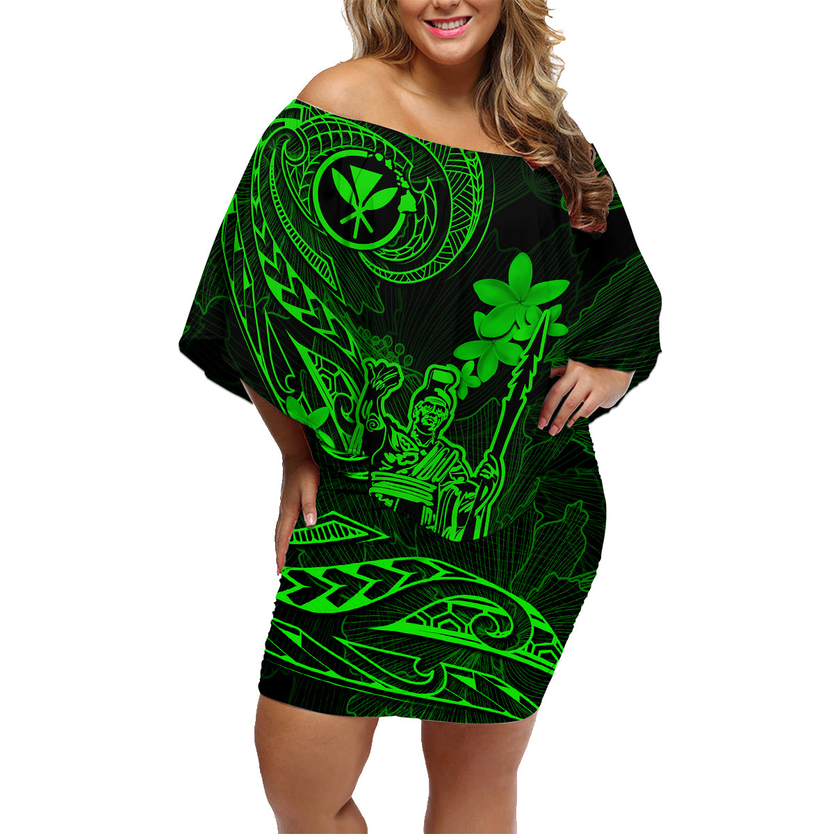 Hawaii Family Matching Off Shoulder Short Dress and Hawaiian Shirt King Kamehameha Mix Polynesian Plumeria Green Version LT14 Mom's Dress Green - Polynesian Pride