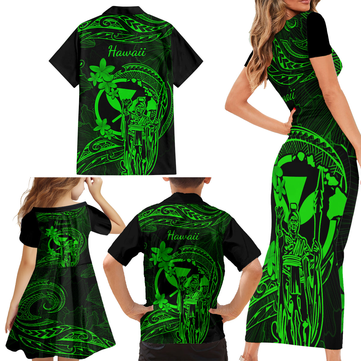 Hawaii Family Matching Short Sleeve Bodycon Dress and Hawaiian Shirt King Kamehameha Mix Polynesian Plumeria Green Version LT14 - Polynesian Pride