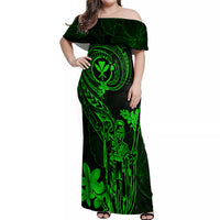 Hawaii Off Shoulder Maxi Dress King Kamehameha Mix Polynesian Plumeria Green Version LT14 Women Green - Polynesian Pride