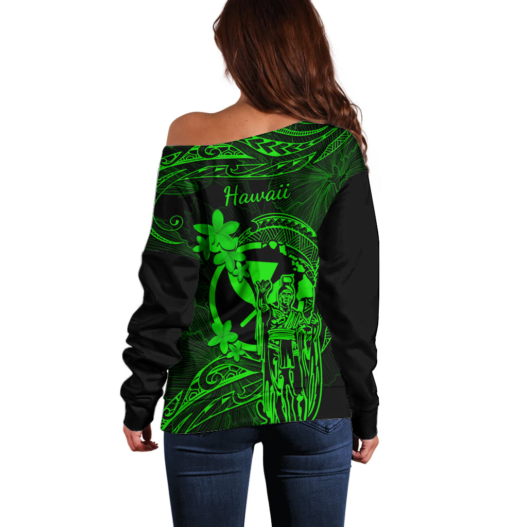 Hawaii Off Shoulder Sweater King Kamehameha Mix Polynesian Plumeria Green Version LT14 - Polynesian Pride