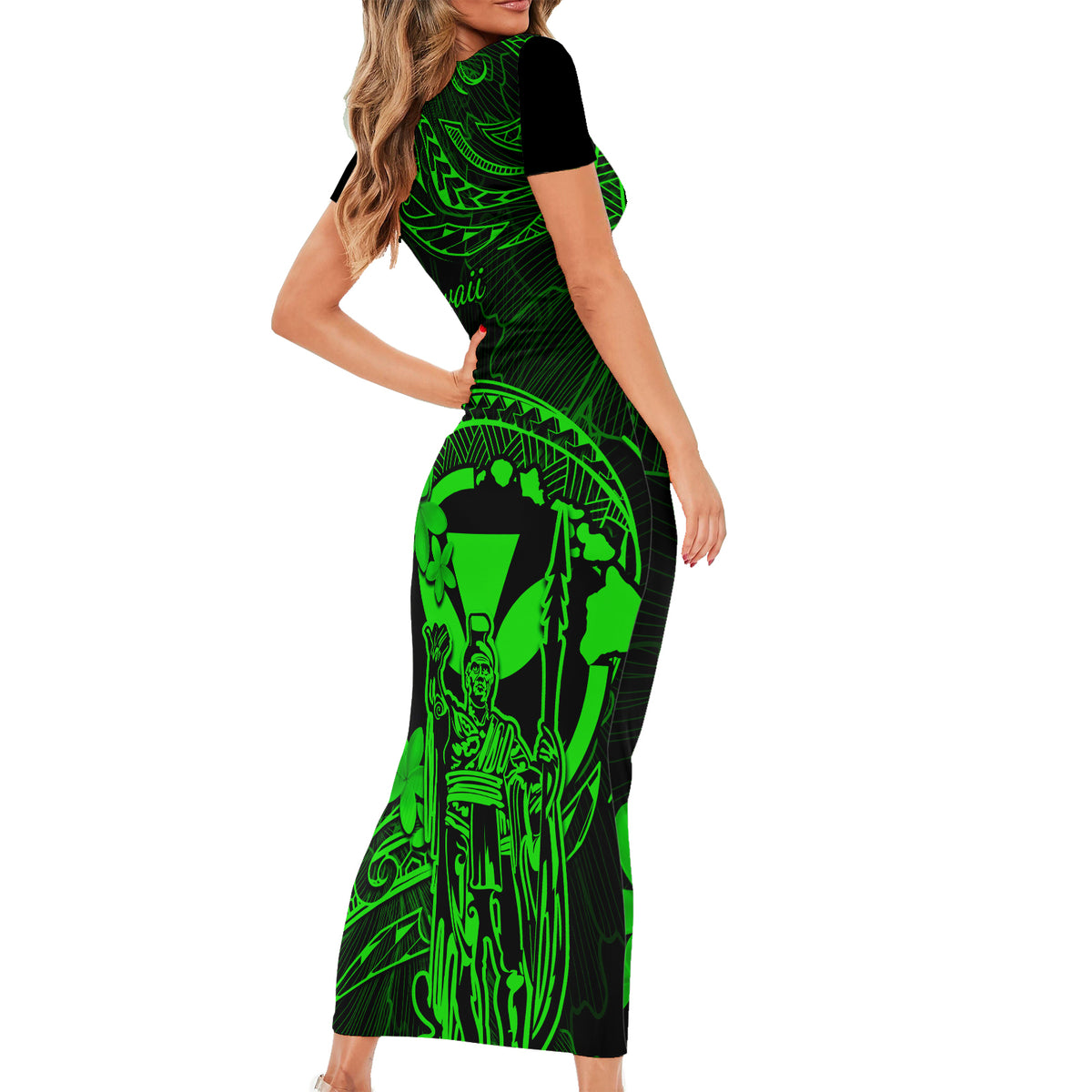 Hawaii Short Sleeve Bodycon Dress King Kamehameha Mix Polynesian Plumeria Green Version LT14 - Polynesian Pride