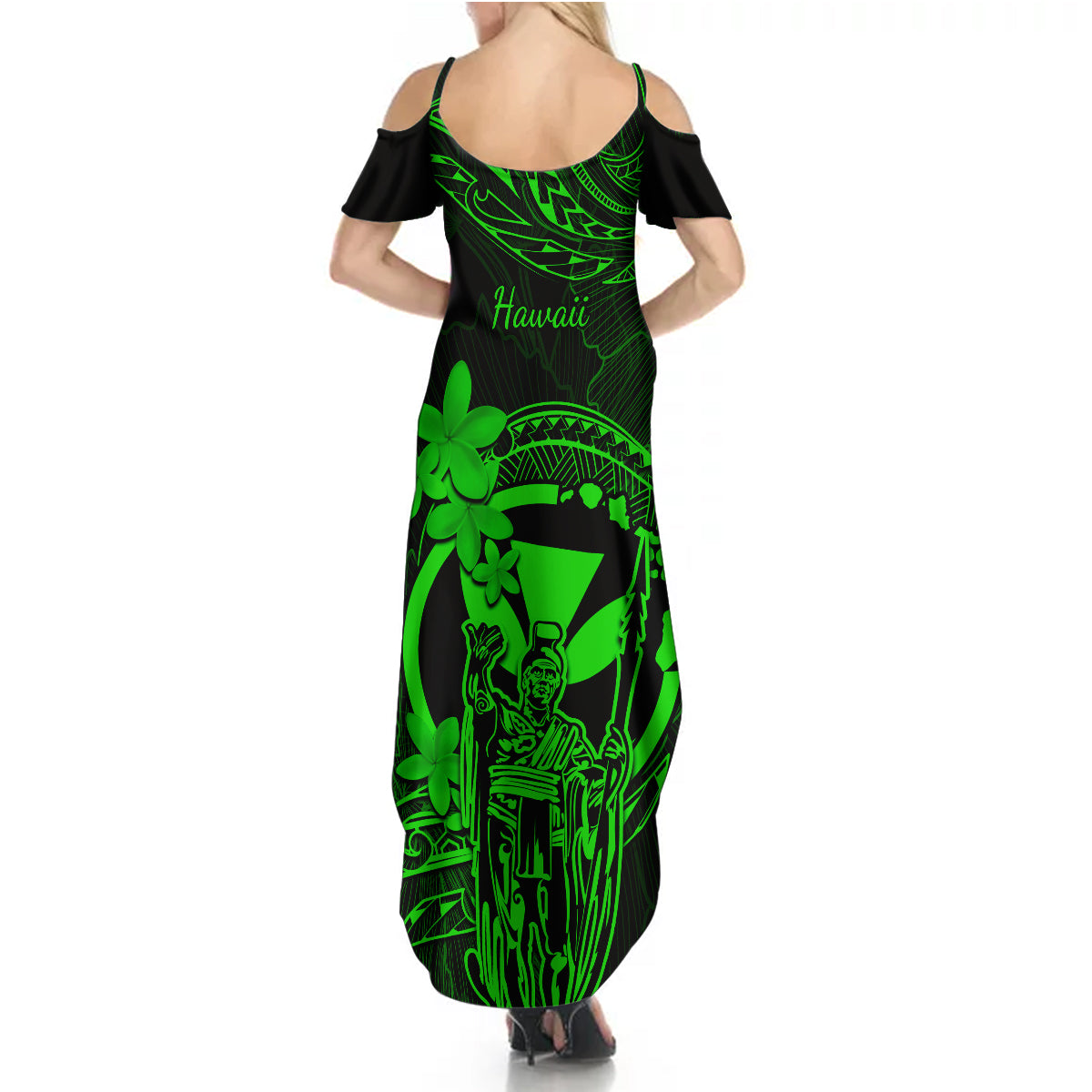 Hawaii Summer Maxi Dress King Kamehameha Mix Polynesian Plumeria Green Version LT14 - Polynesian Pride