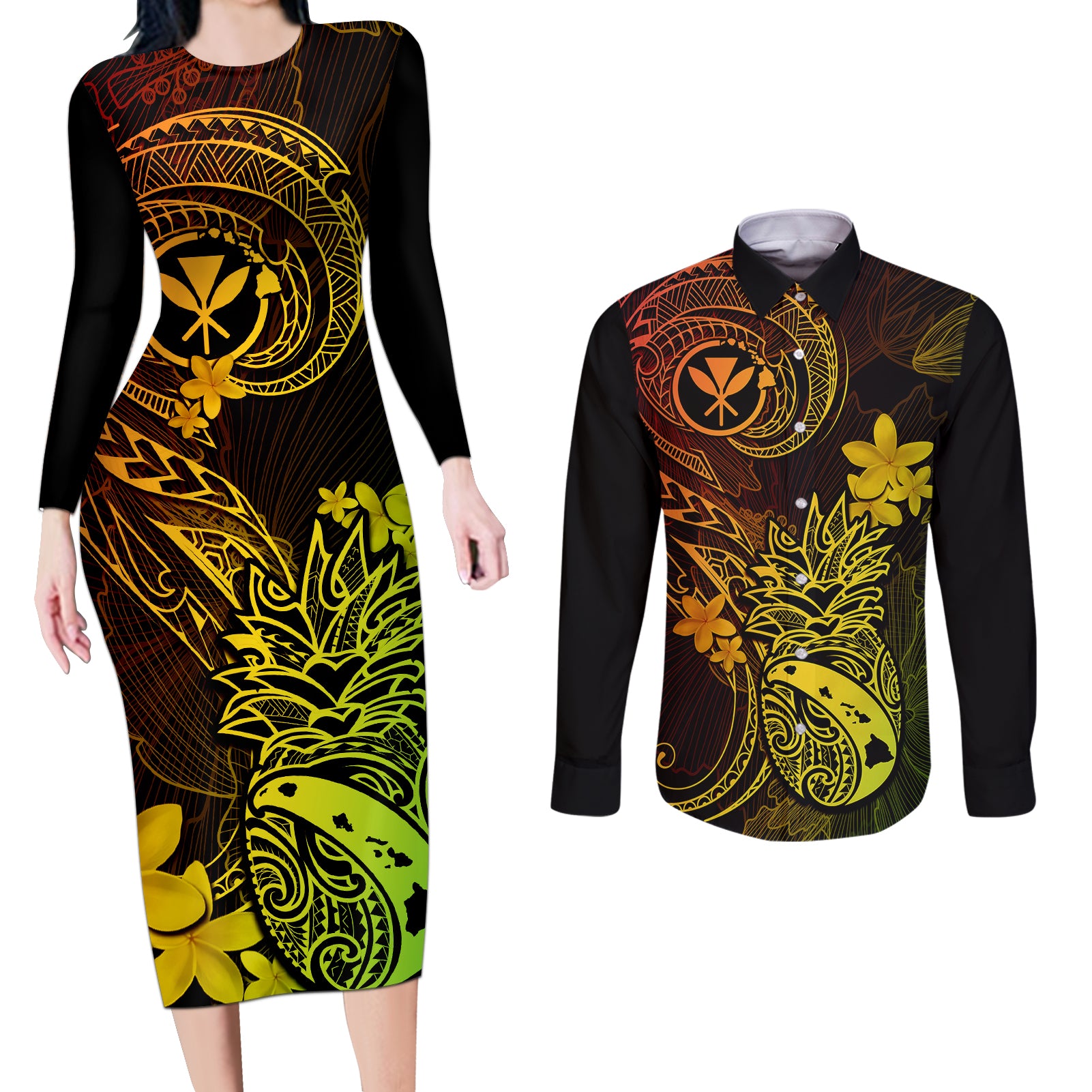 Hawaii Couples Matching Long Sleeve Bodycon Dress and Long Sleeve Button Shirts Pineapple Mix Polynesian Plumeria Reggae Version LT14 Reggae - Polynesian Pride