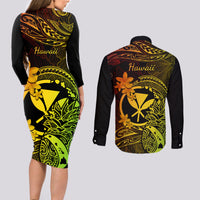 Hawaii Couples Matching Long Sleeve Bodycon Dress and Long Sleeve Button Shirts Pineapple Mix Polynesian Plumeria Reggae Version LT14 - Polynesian Pride