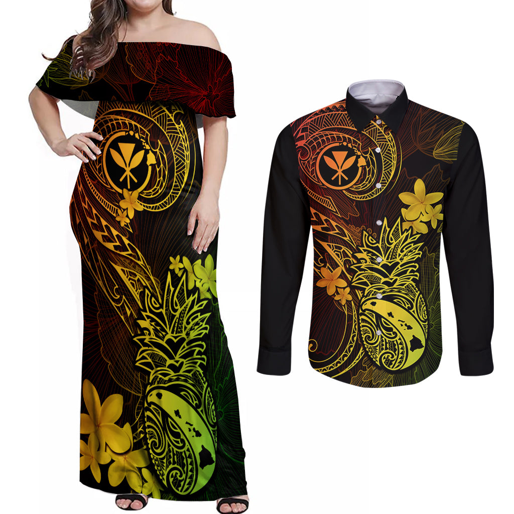 Hawaii Couples Matching Off Shoulder Maxi Dress and Long Sleeve Button Shirts Pineapple Mix Polynesian Plumeria Reggae Version LT14 Reggae - Polynesian Pride