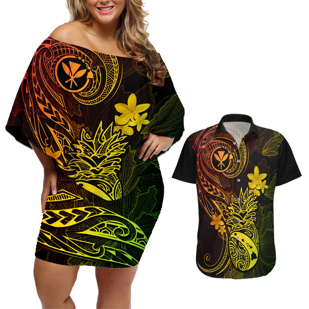 Hawaii Couples Matching Off Shoulder Short Dress and Hawaiian Shirt Pineapple Mix Polynesian Plumeria Reggae Version LT14 Reggae - Polynesian Pride