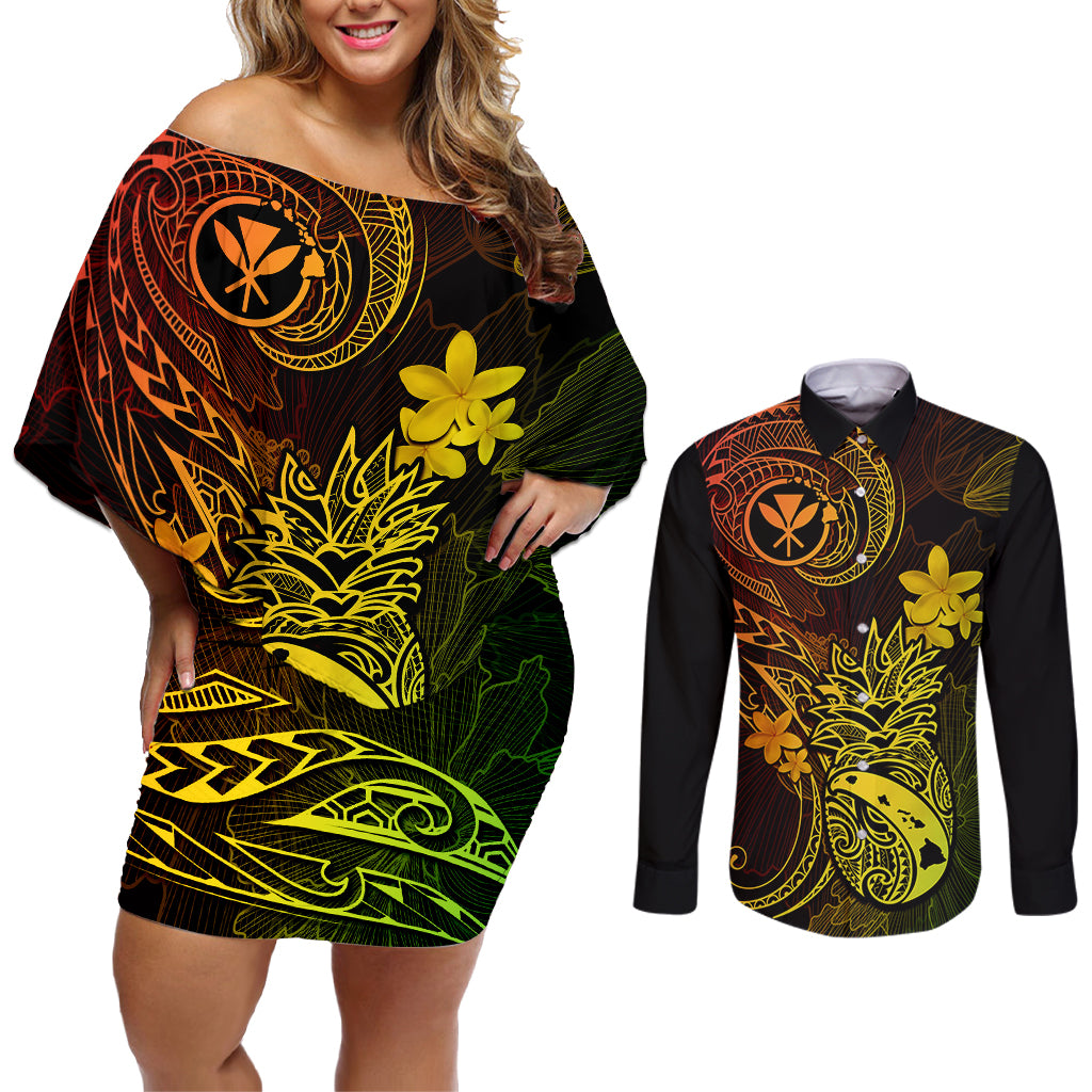 Hawaii Couples Matching Off Shoulder Short Dress and Long Sleeve Button Shirts Pineapple Mix Polynesian Plumeria Reggae Version LT14 Reggae - Polynesian Pride