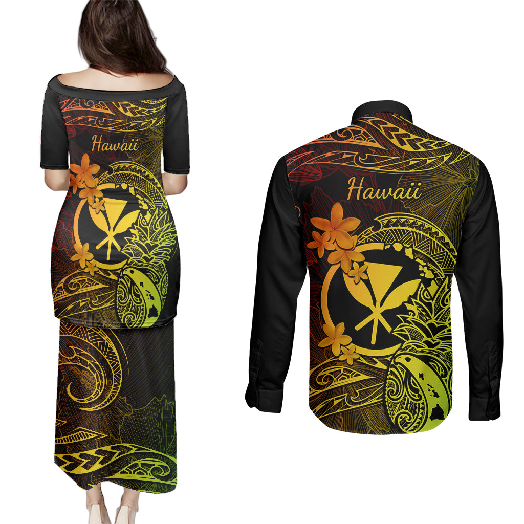 Hawaii Couples Matching Puletasi Dress and Long Sleeve Button Shirts Pineapple Mix Polynesian Plumeria Reggae Version LT14 - Polynesian Pride