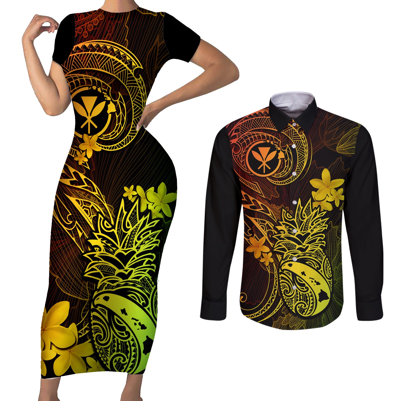 Hawaii Couples Matching Short Sleeve Bodycon Dress and Long Sleeve Button Shirts Pineapple Mix Polynesian Plumeria Reggae Version LT14 Reggae - Polynesian Pride