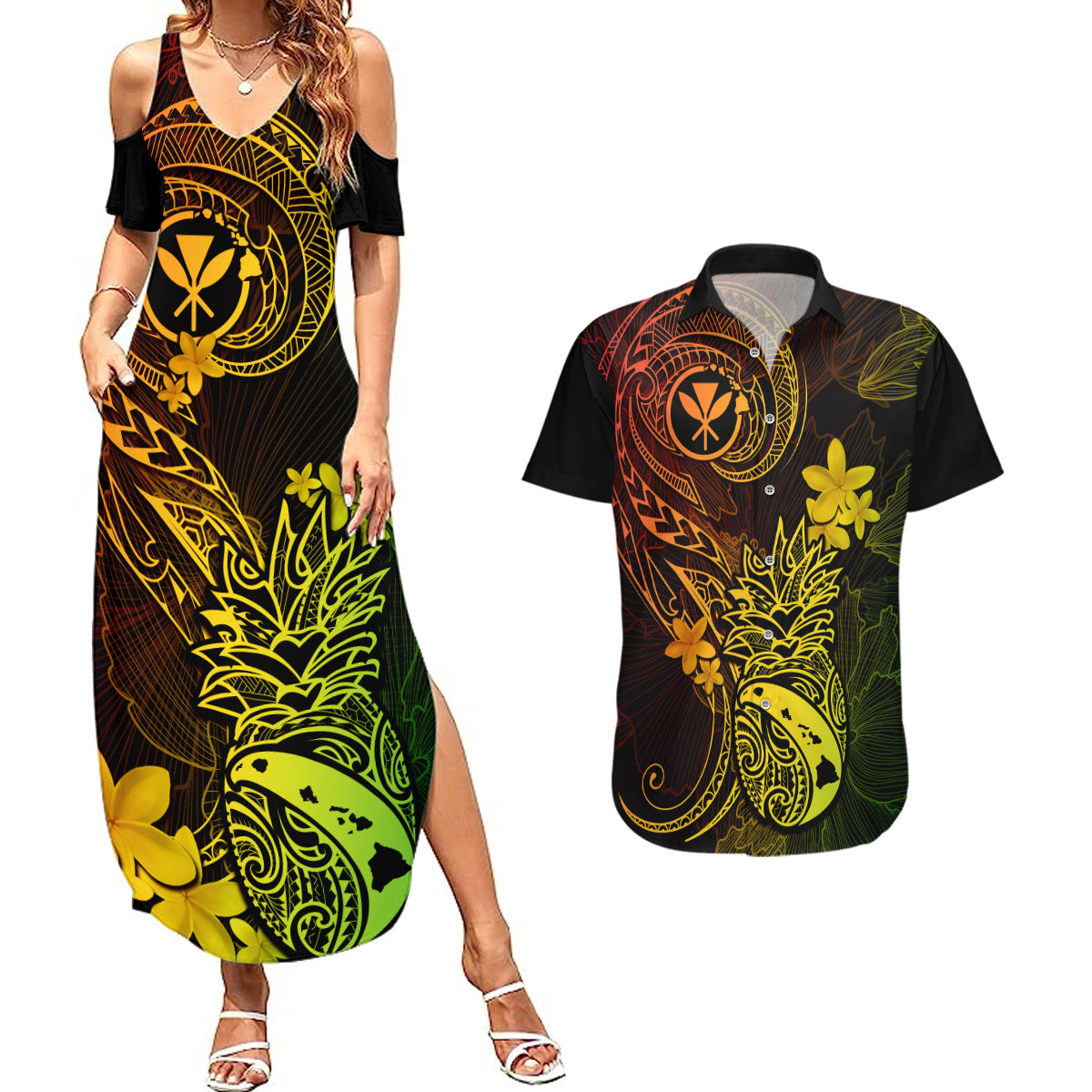 Hawaii Couples Matching Summer Maxi Dress and Hawaiian Shirt Pineapple Mix Polynesian Plumeria Reggae Version LT14 Reggae - Polynesian Pride