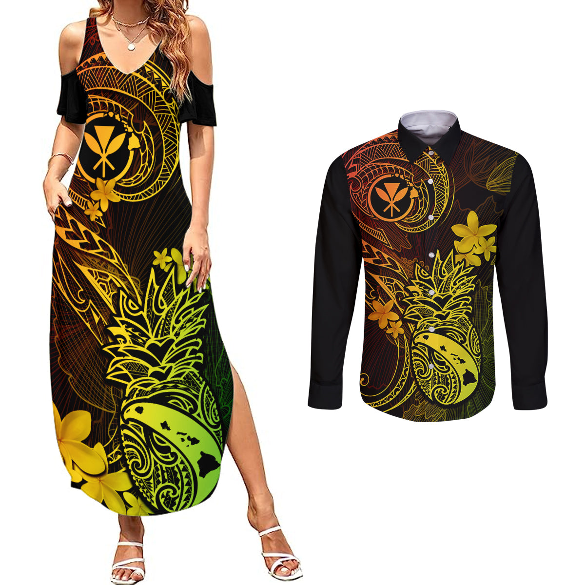 Hawaii Couples Matching Summer Maxi Dress and Long Sleeve Button Shirts Pineapple Mix Polynesian Plumeria Reggae Version LT14 Reggae - Polynesian Pride