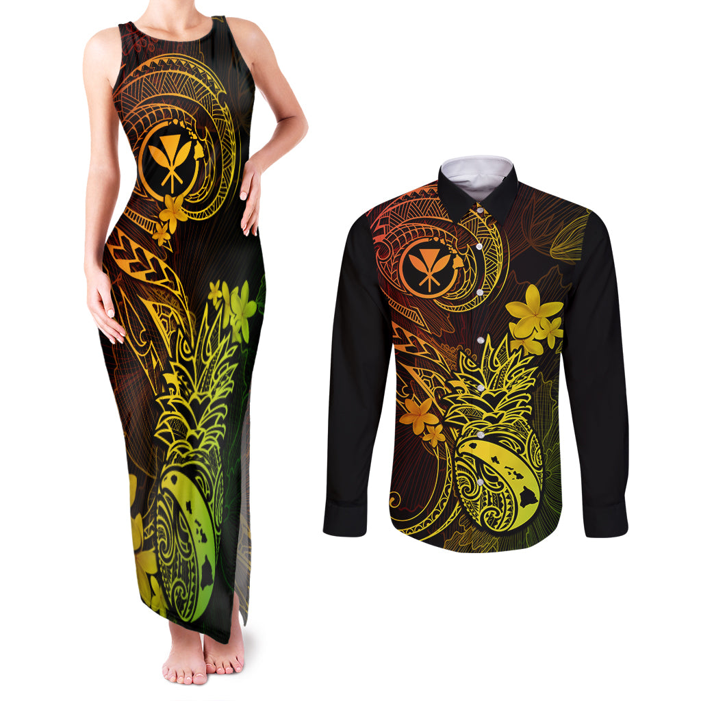 Hawaii Couples Matching Tank Maxi Dress and Long Sleeve Button Shirts Pineapple Mix Polynesian Plumeria Reggae Version LT14 Reggae - Polynesian Pride