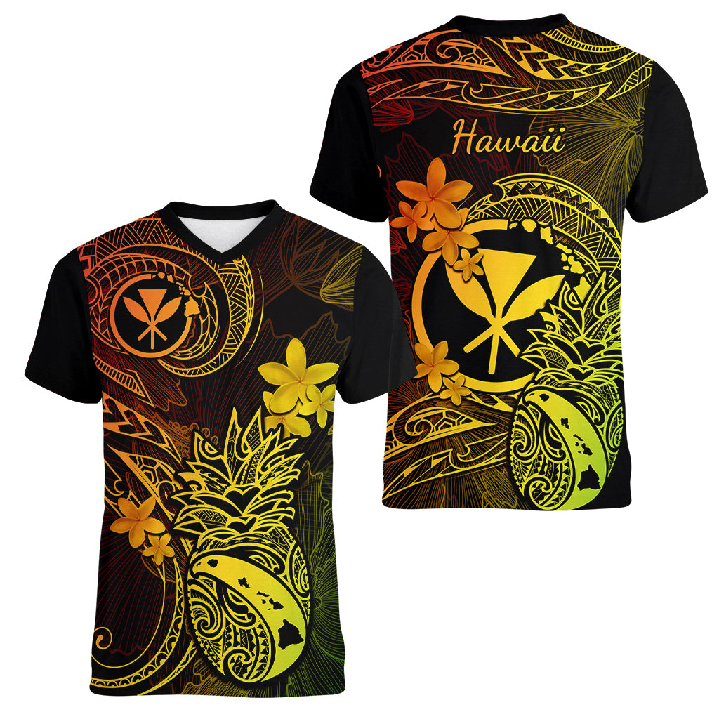 Hawaii Women V Neck T Shirt Pineapple Mix Polynesian Plumeria Reggae Version LT14 - Polynesian Pride