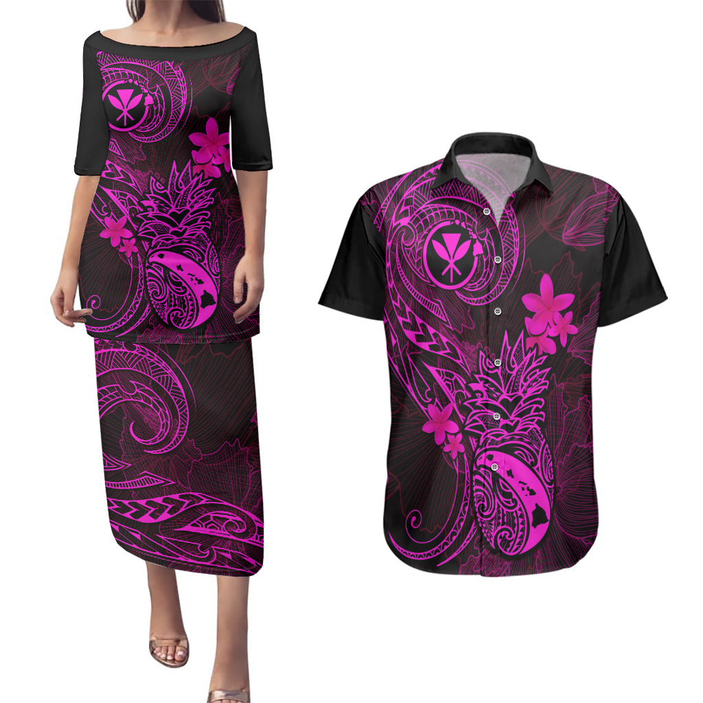 Hawaii Couples Matching Puletasi Dress and Hawaiian Shirt Pineapple Mix Polynesian Plumeria Pink Version LT14 Pink - Polynesian Pride