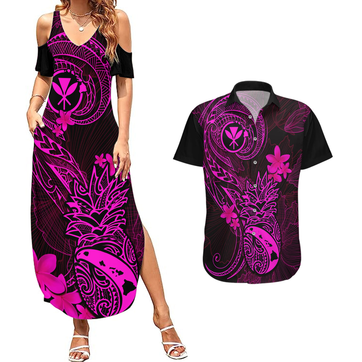 Hawaii Couples Matching Summer Maxi Dress and Hawaiian Shirt Pineapple Mix Polynesian Plumeria Pink Version LT14 Pink - Polynesian Pride