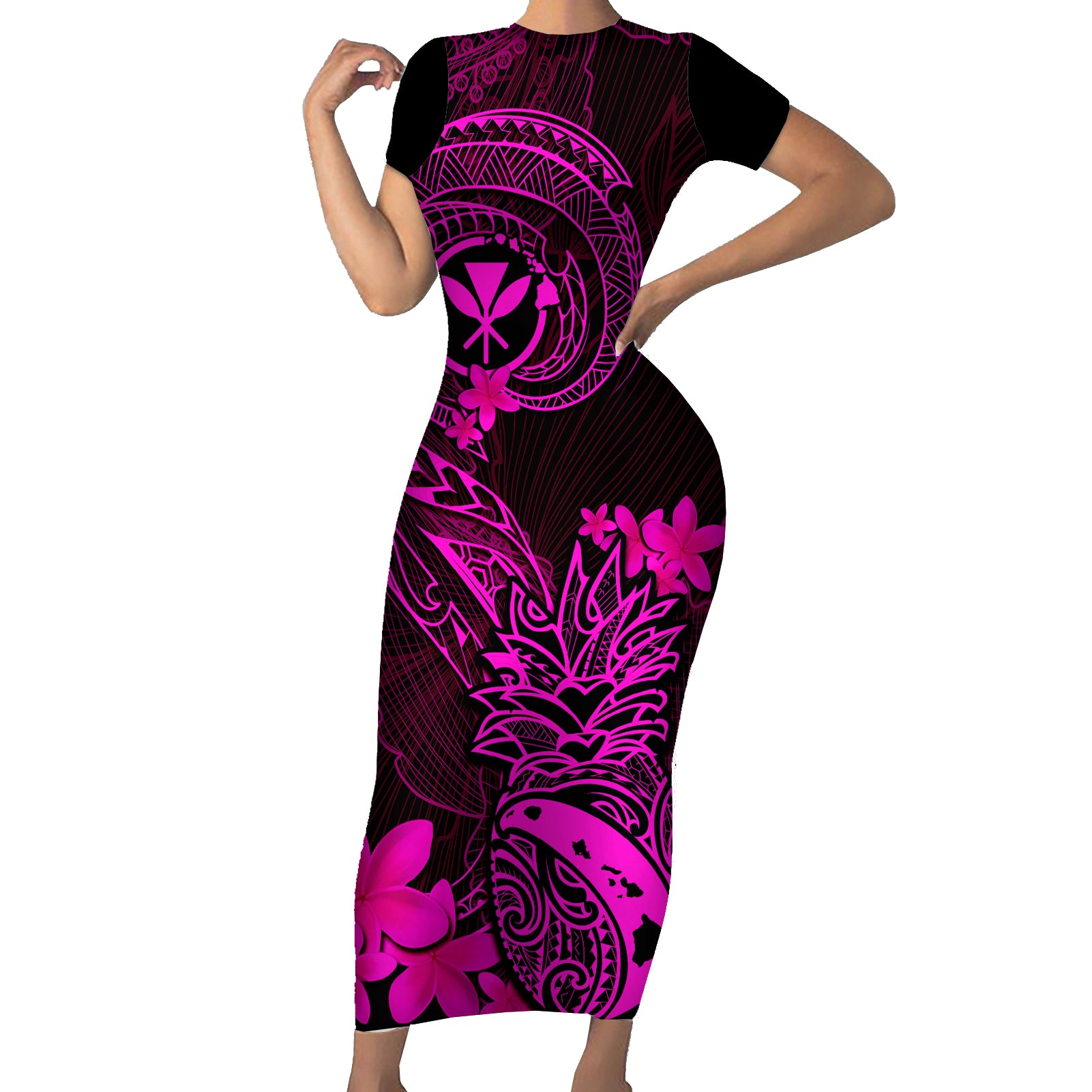 Hawaii Short Sleeve Bodycon Dress Pineapple Mix Polynesian Plumeria Pink Version LT14 Long Dress Pink - Polynesian Pride