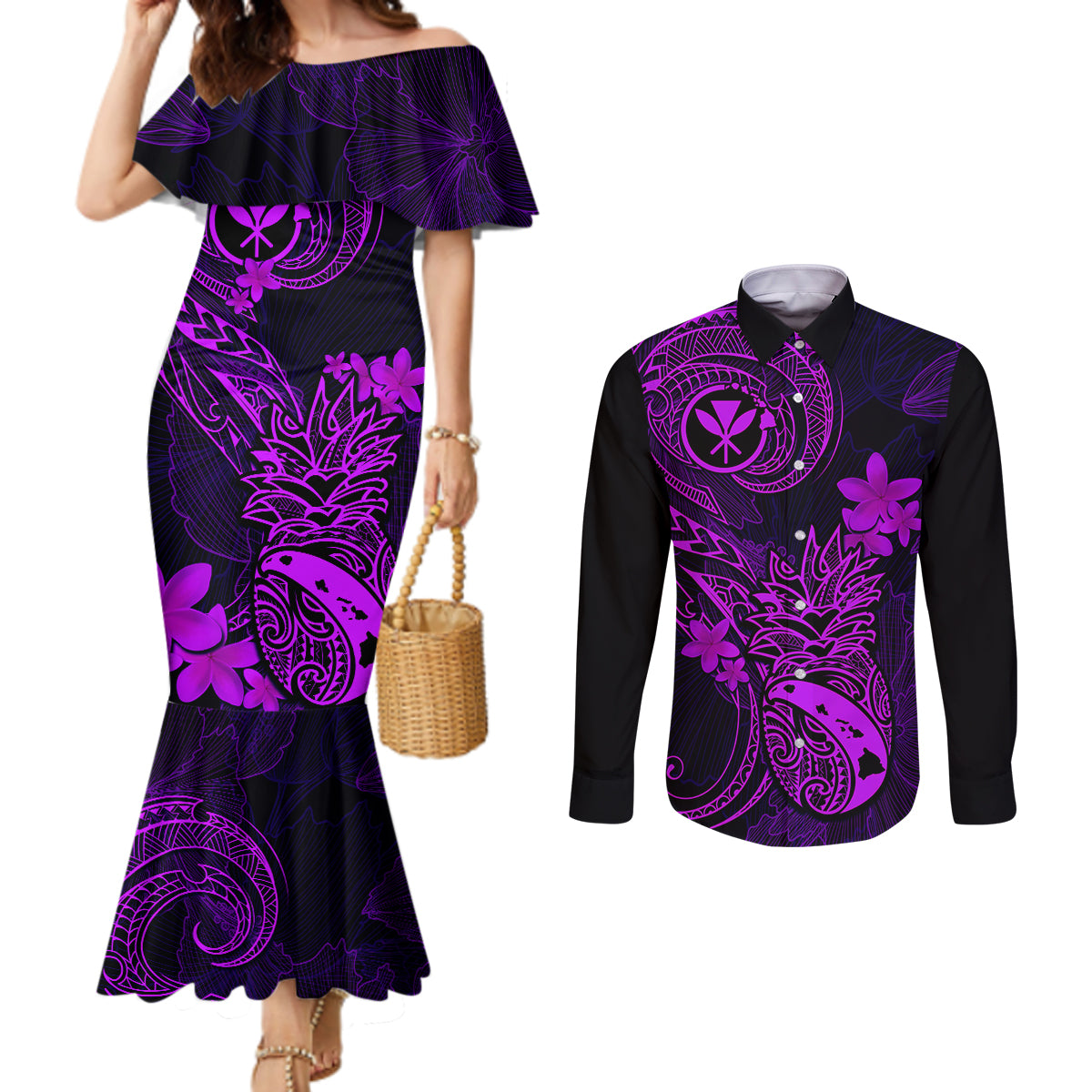 Hawaii Couples Matching Mermaid Dress and Long Sleeve Button Shirts Pineapple Mix Polynesian Plumeria Purple Version LT14 Purple - Polynesian Pride