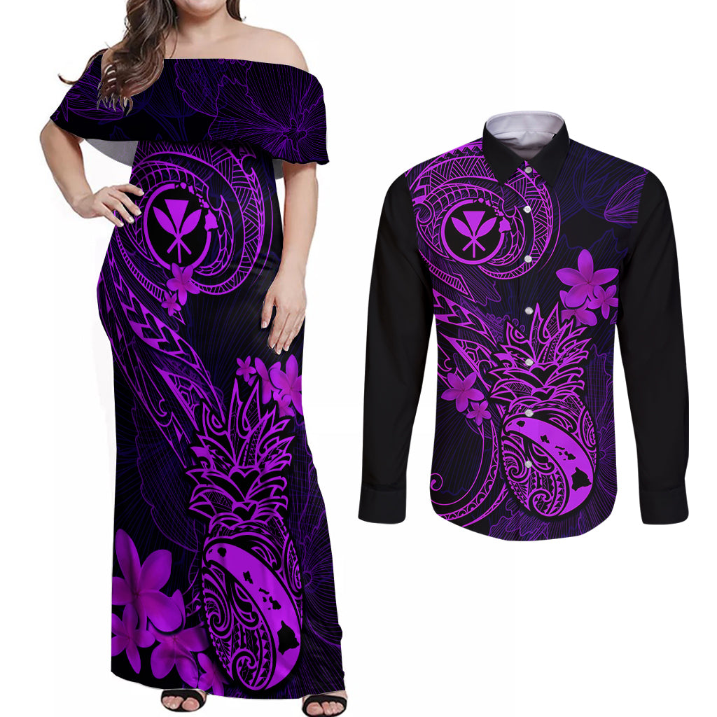 Hawaii Couples Matching Off Shoulder Maxi Dress and Long Sleeve Button Shirts Pineapple Mix Polynesian Plumeria Purple Version LT14 Purple - Polynesian Pride